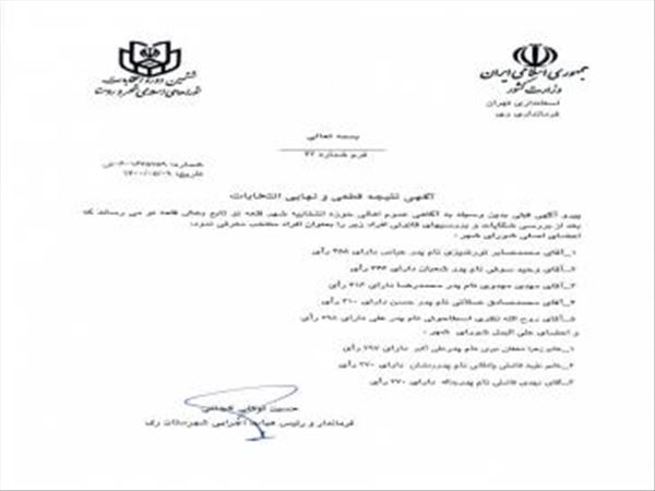 انتشار آگهی نتیجه قطعی و نهایی انتخابات شورای اسلامی شهر قلعه نو شهرستان ری